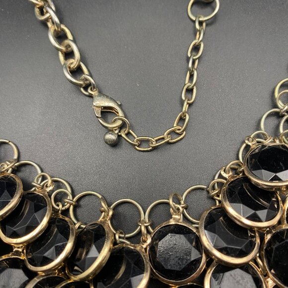 Black Faceted Acrylic Bib Necklace Muted Gold Tone Statement Color Layer 20+2" - Picture 4 of 6